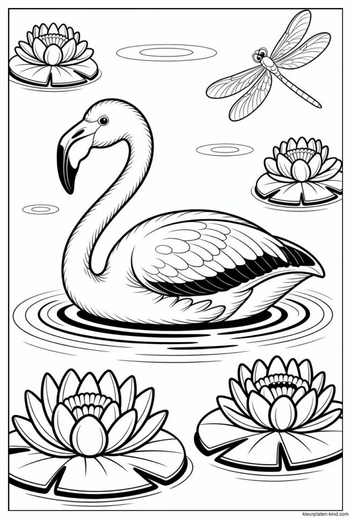 flamingo-die-tussen-waterlelies-en-libellen-zwemt-5fabafb2-b09e-4c64-b91e-666f77e208e4.png